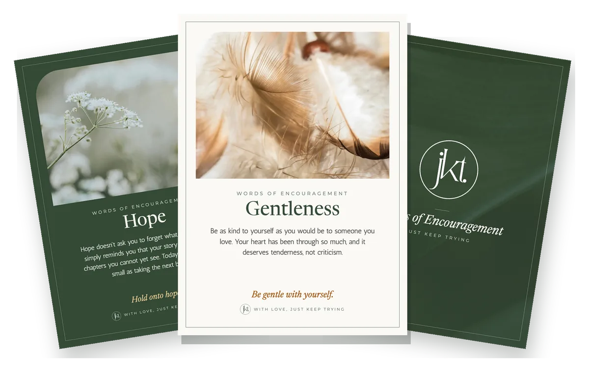 Three Just Keep Trying Words of Encouragement cards fanned out: Hope, Gentleness and the green card back